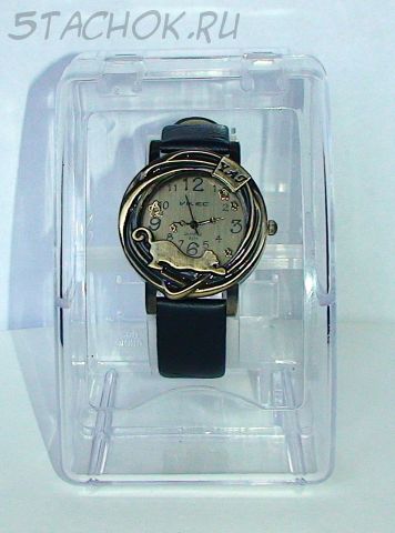 Часы женские "Кошка" под бронзу с черным ремешком