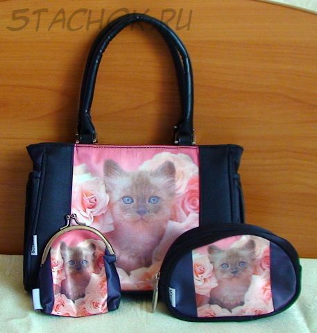 Сумочка, кошелек и косметичка для девочки "Котенок с розами"