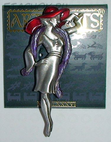 Брошь "Дама в шляпе и боа" под олово в цвете