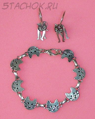 Набор Браслет и Серьги-колечки "Милые котики" под серебро
