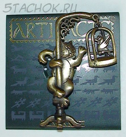 Брошь "Кот и попугай в клетке" под бронзу