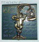 Брошь "Кот и попугай в клетке" под бронзу