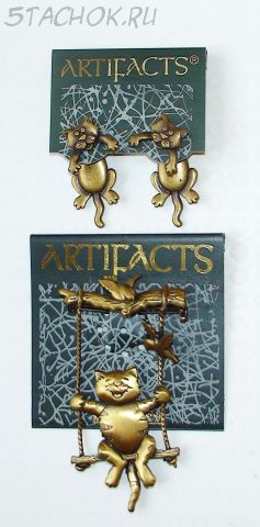 Набор Серьги и Брошь "Котики" под бронзу