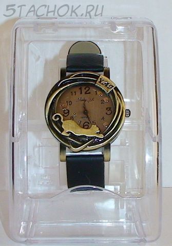 Часы женские "Кошечка" под бронзу с черным ремешком