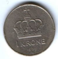 1 крона 1989 г. Норвегия
