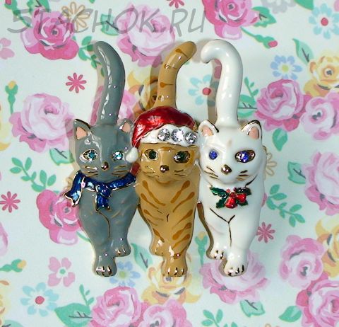 Брошь-Подвеска "Рождественские коты" под золото, эмаль, камушки (США)