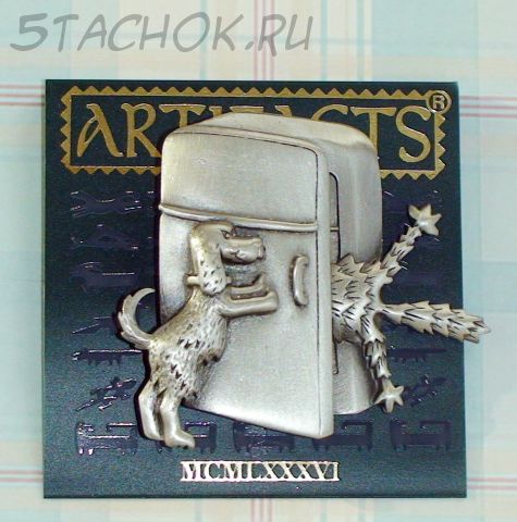 Брошь "Пес и кот в холодильнике" под олово