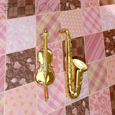 Две брошки "Саксофон и виолончель" под золото