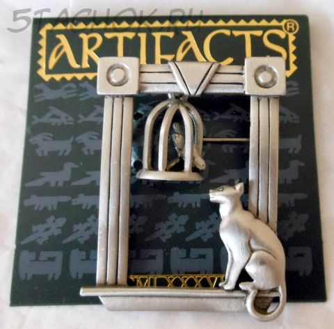 Брошь "Кошка и птичка в клетке" под олово