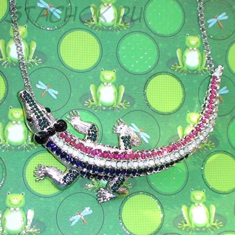 Колье "Гламурный Крокодильчик" под серебро, стразы, эмаль