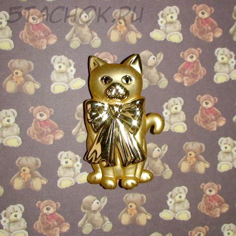 Брошь "Котик с бантом" под золото