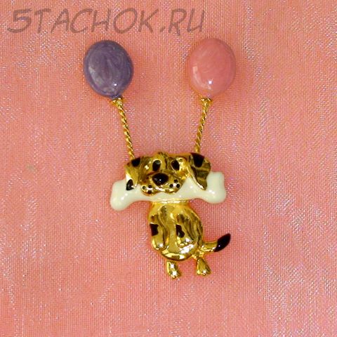 Брошь "Песик летает на шариках" под золото/эмаль