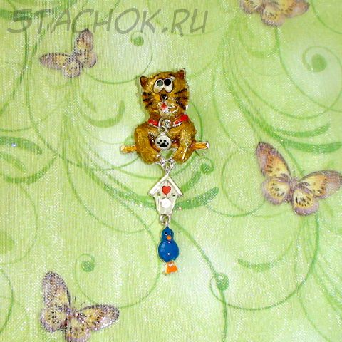 Брошь "Котейка и скворечник" под серебро/эмаль/крошка
