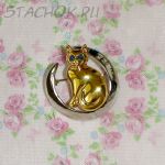 Брошь "Киска на полумесяце" под золото/серебро/сваровски