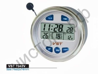 Часы  эл. авто VST7042V (будильник, темп.внутр. и наруж.,вольтметр) круглые в приб.жигулей