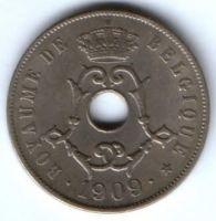 25 сантимов 1909 г. редкий год XF Бельгия DE BELGIQUE