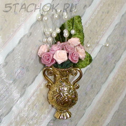 Брошь "Ваза с цветами" под золото/текстиль/камушки
