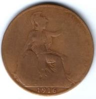 1 пенни 1916 г. Великобритания