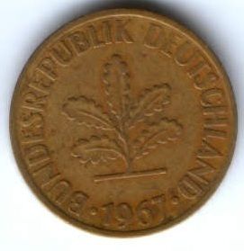 10 пфеннигов 1967 г. редкий год J Германия. ФРГ