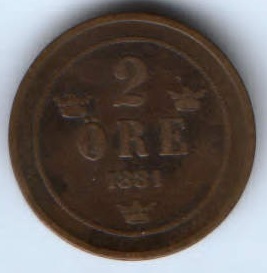 2 эре 1881 г. Швеция