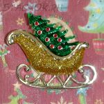 Брошь "Елочка в саночках" под серебро/эмаль/блестки