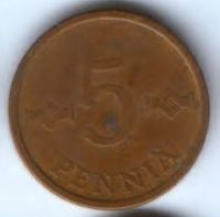 5 пенни 1972 г. Финляндия