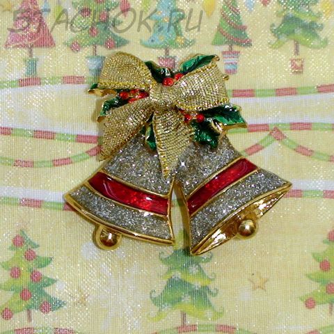 Брошь "Новогодние бубенчики" под золото/эмаль/блестки/текстиль