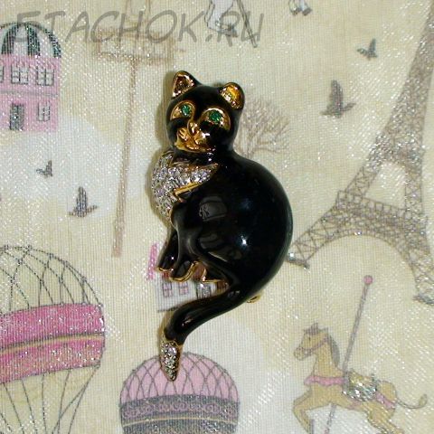 Брошь "Черная кошечка" под золото/эмаль/сваровски