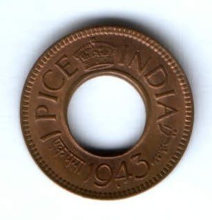 1 пайс 1943 г. AUNC Индия