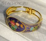 Браслет "Цветы и бабочки на синем" под золото/клуазоне