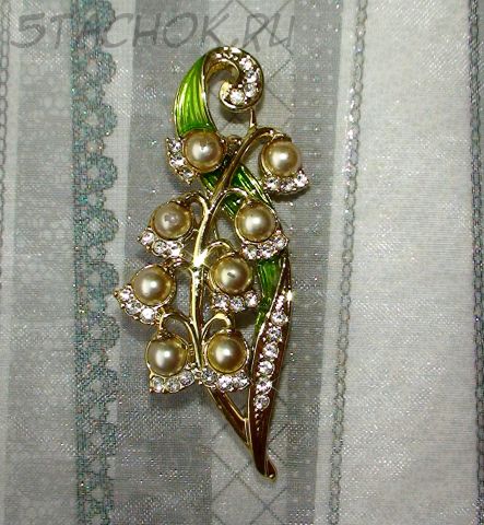 Брошь "Ландыши" под золото/эмаль/исск.жемч./сваровски