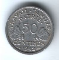 50 сантимов 1942 г. Франция