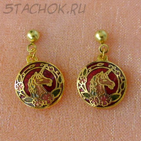 Серьги-гвоздики "Единорог" под золото,клуазоне