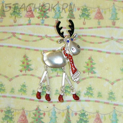 Брошь "Рождественский лосик" под серебро, эмаль, стразы