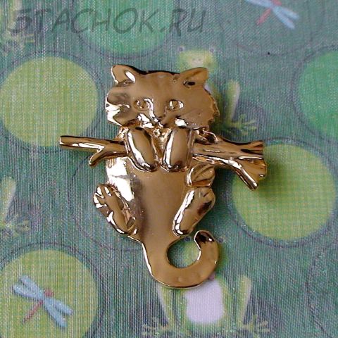 Брошь "Котик на веточке" под золото