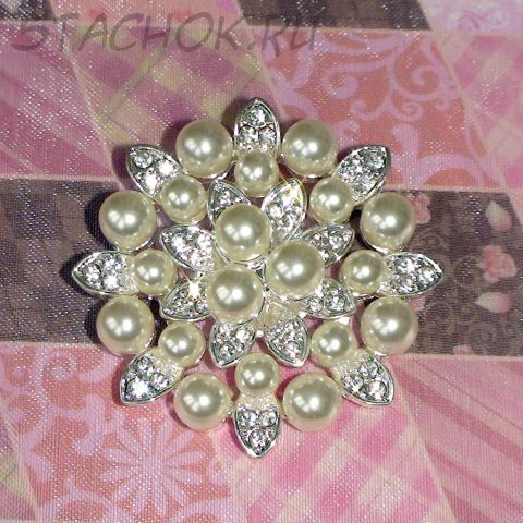Брошь "Жемчужинки" под серебро, стразы, иск.жемчуг