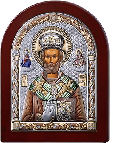 Серебряная икона Николая Чудотворца (Италия, цветной лак, повышенное качество!)