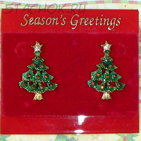 Серьги-гвоздики "Зеленая елочка" цвет золота/эмаль/стразы (США)