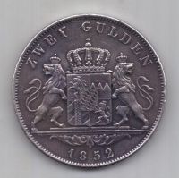 2 гульдена 1852 г. AUNC редкий. Бавария. Германия