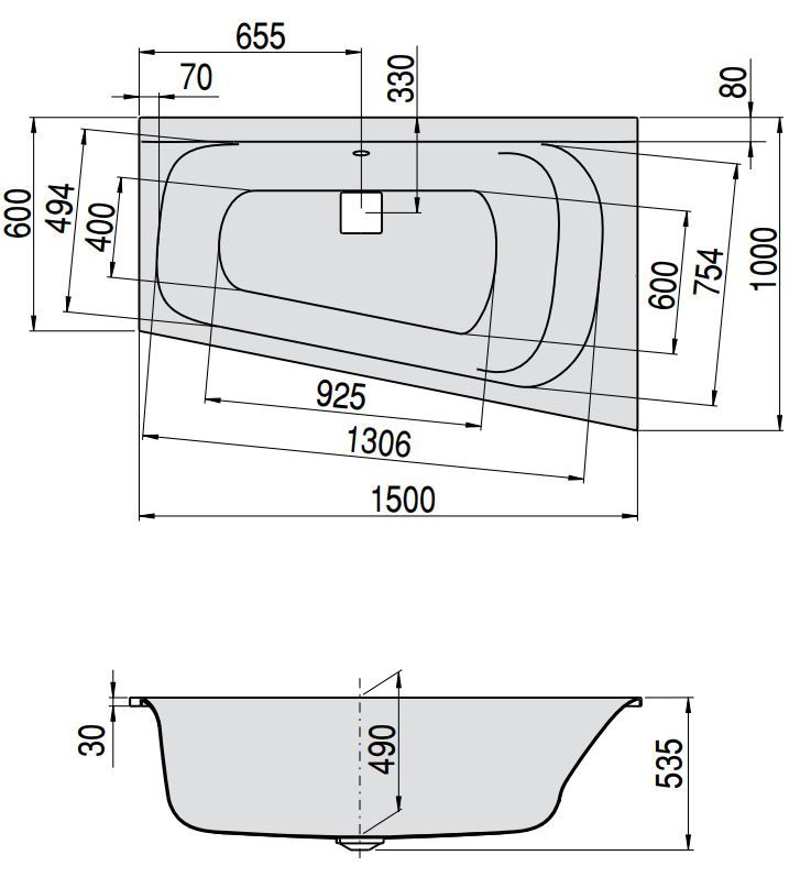 Ванна Hoesch THASOS 150x100 3746 Правостороннее исполнение схема 2