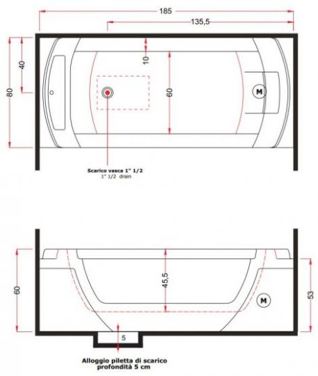 Стеклянная ванна с гидромассажем Gruppo Treesse Vision V137 / V138 180х80 схема 3