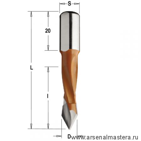 Сверло HW для присадочного станка 5 x 40 x 70 Z2 S10 x 20 RH CMT 375.050.11