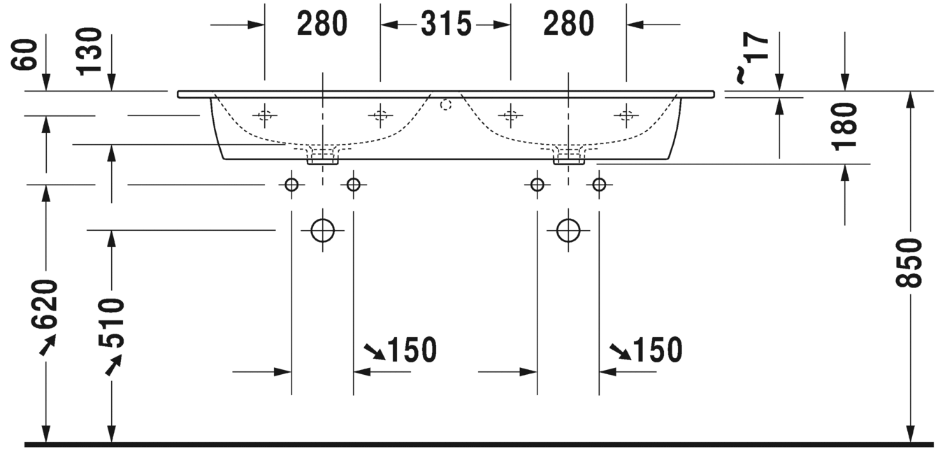 Раковина Duravit ME by Starck Двойная 130х49 233613 схема 2