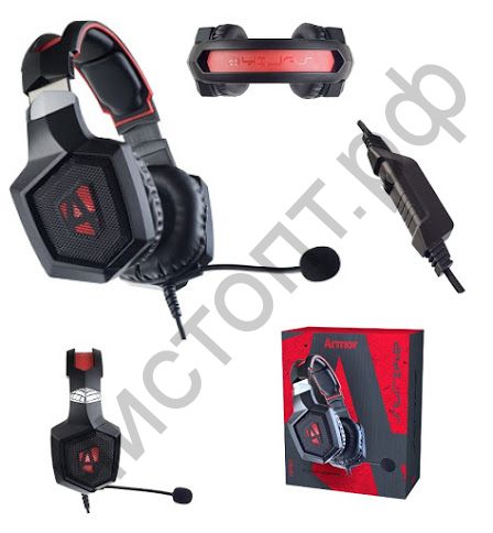 Гарнитура (науш.+микр.) Perfeo ARMOR черная с красным 2,2 м, разъем 3,5 мм (4 pin) и USB (LED), переходник игровая ( в комп + телеф )