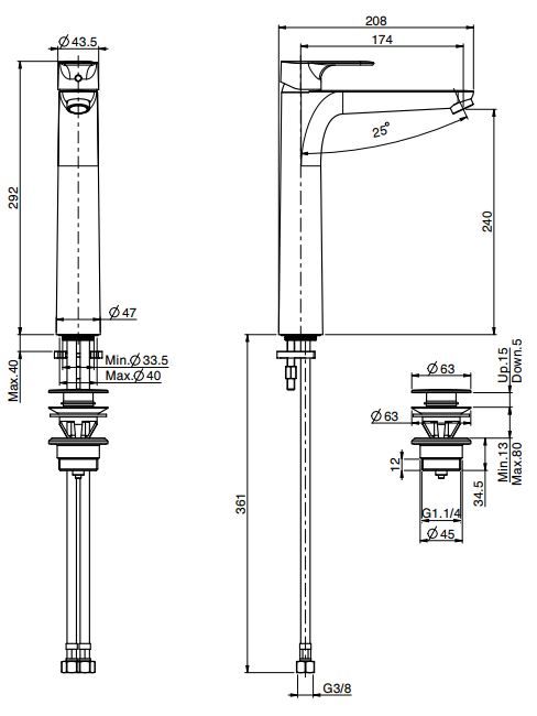 Fima carlo frattini Serie 22 смеситель для раковины F3831/H схема 1