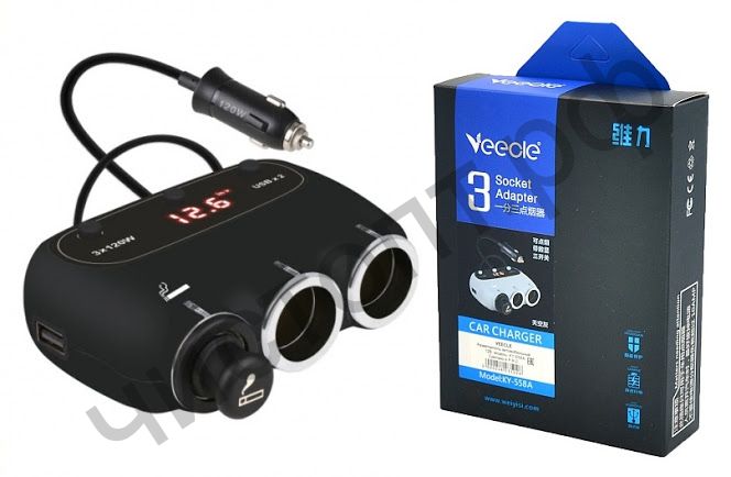 Разветвитель прикуривателя VEECLE KY-558A (3 гнезда+2*USB) вольтметр