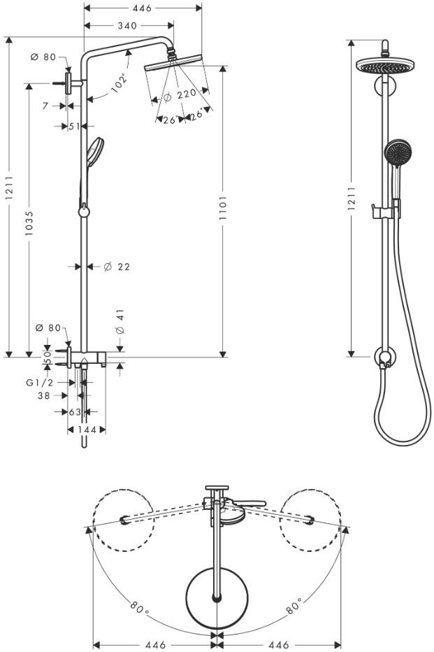 Душевая стойка без смесителя Hansgrohe Croma Showerpipe 220 1jet Reno 27224000 ФОТО