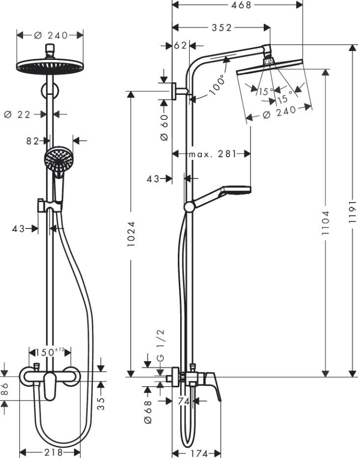 Душевая система с тропическим душем Hansgrohe Crometta S Showerpipe 240 1jet 27269000 ФОТО