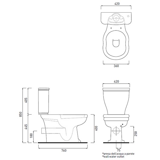 Напольный унитаз моноблочный Cielo Windsor WINVAMPB + WINCAMB слив в стену схема 1