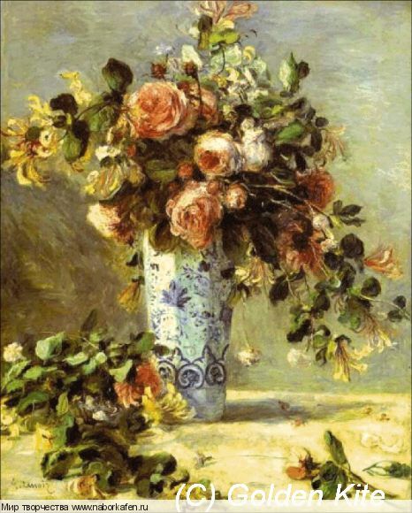 942. Roses and Jasmine in a Delft Vase